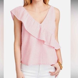 Vineyard Vines one shoulder textured pink and white Seersucker Ruffle top